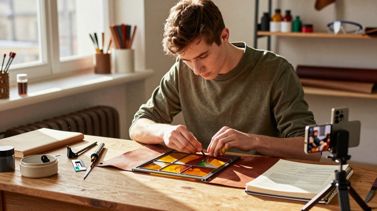 Homem trabalhando em vitral colorido numa mesa de madeira, com smartphone em tripé gravando ao lado.