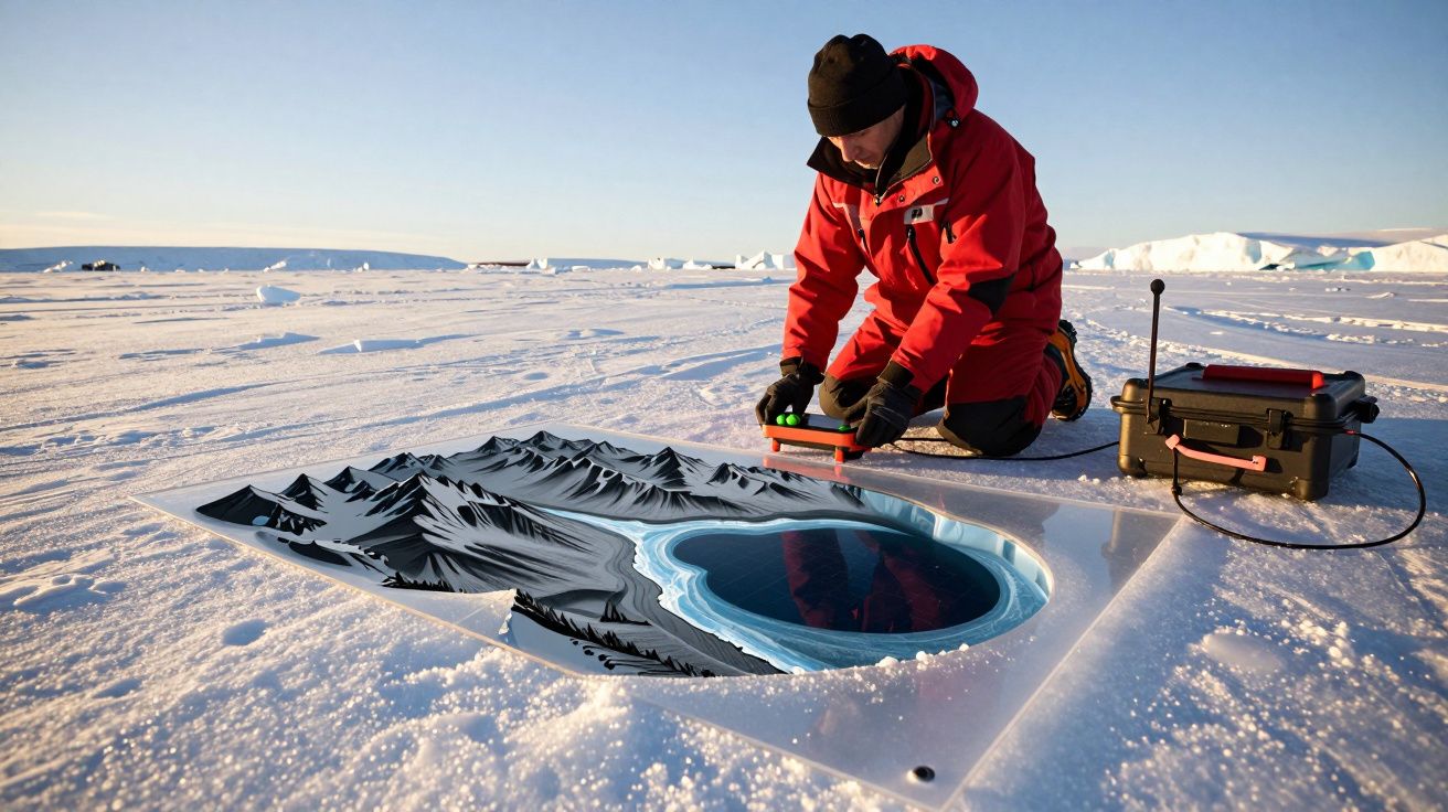 Investigador em fato vermelho examina equipamento na neve a projetar imagem de montanha e lago.