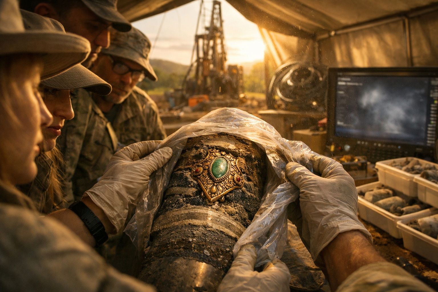 Homem fardado examina cilindro com pedras em laboratório, com equipamento tecnológico e mapa de fundo.