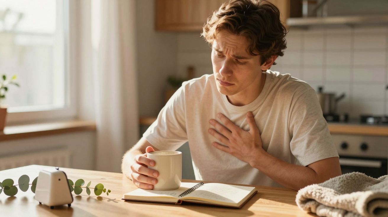 Homem sentado à mesa, segurando chávena e tocando o peito com expressão desconfortável, livro aberto à frente.