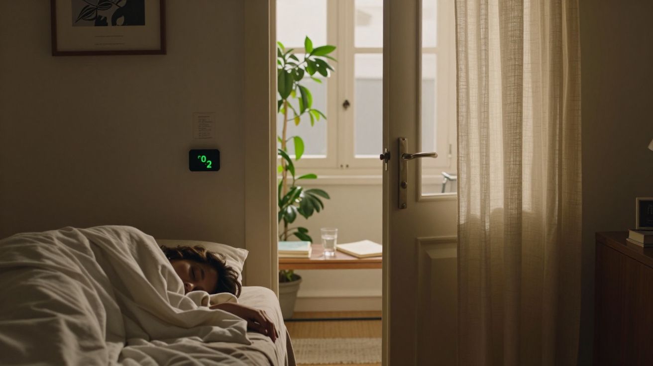 Pessoa a dormir numa cama ao lado de uma janela aberta, com planta e luz suave a entrar no quarto.