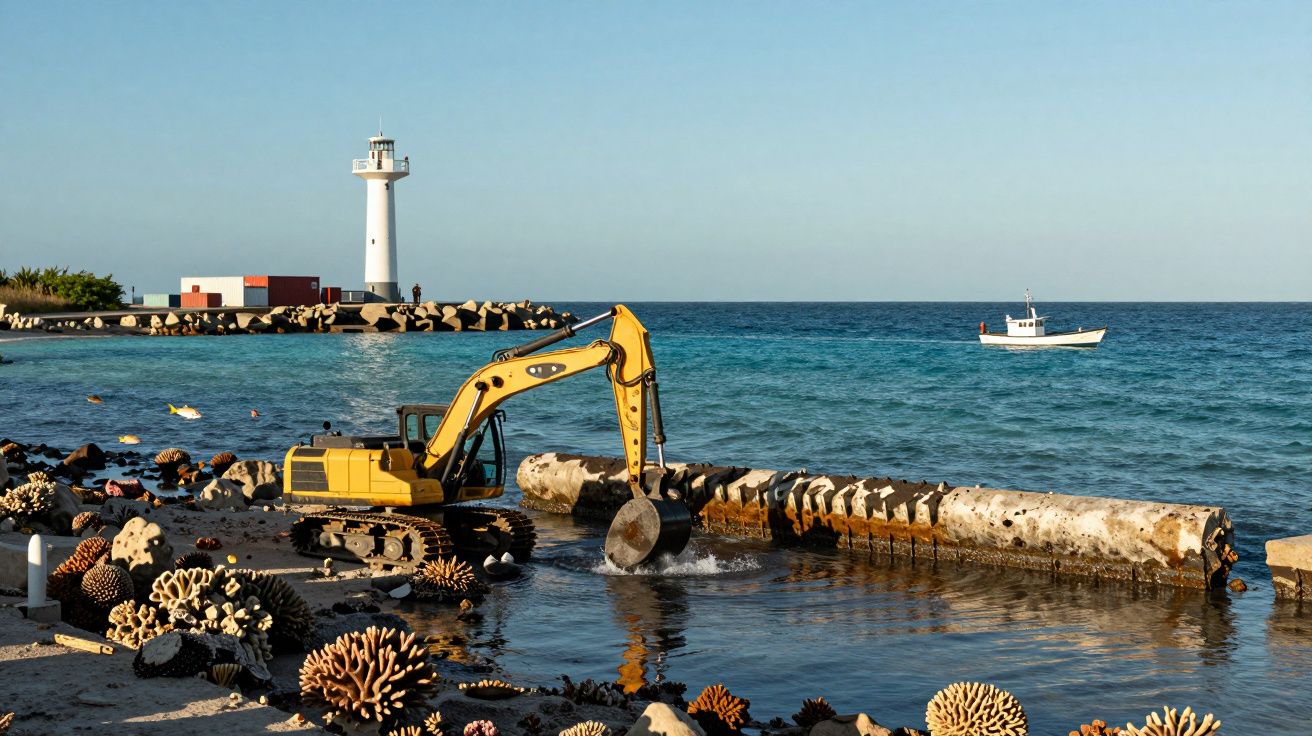 Escavadora amarela a trabalhar junto ao mar com farol ao fundo e barco à direita.