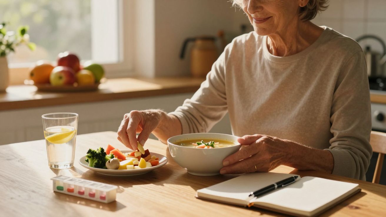 Mulher idosa comendo salada e sopa, com caderno e copo de água na mesa de madeira iluminada pelo sol.