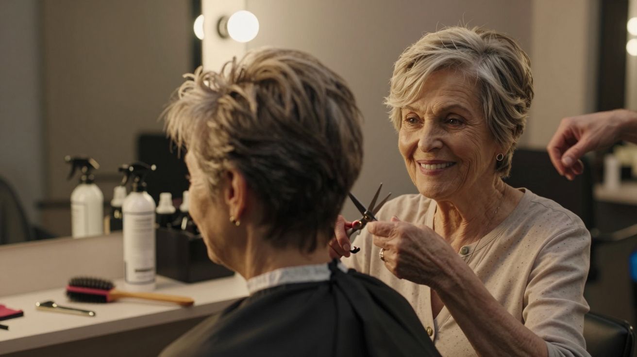 Mulher idosa sorrindo enquanto corta cabelo de outra pessoa num salão de cabeleireiro bem iluminado.