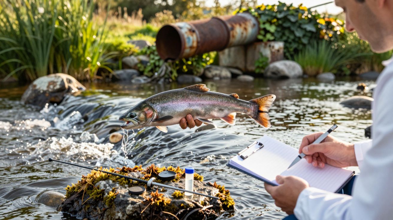 Homem segura peixe ao lado de pequeno rio com cana e bloco de notas, analisando amostras perto de tubo enferrujado.