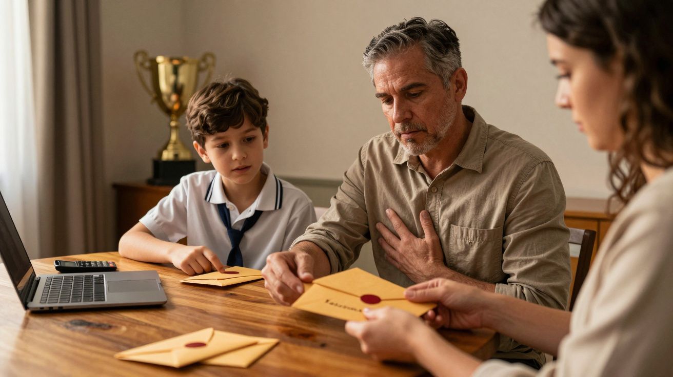 Homem, mulher e menino abrem cartas em envelopes castanhos numa mesa com portátil e troféu ao fundo.