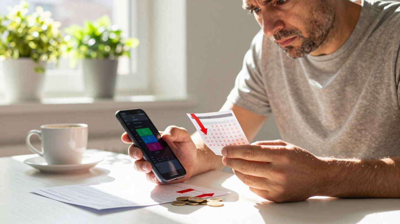 Homem verifica telemóvel e bilhete de lotaria à mesa, com chávena de café, moedas e plantas ao fundo.