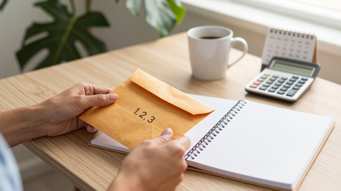 Pessoa segura envelope sobre mesa com caderno, calculadora e chávena de café.