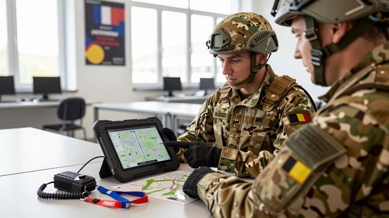 Soldados em uniforme camuflado analisam mapa num tablet numa sala de controlo militar.