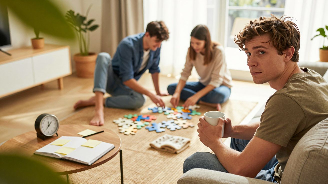 Jovens montam puzzle numa sala, um rapaz sentado no sofá olha para a frente segurando uma chávena.