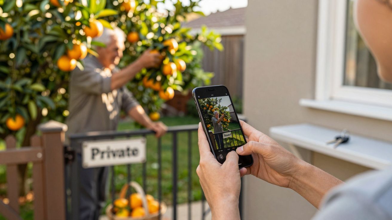 Pessoa tira foto de um homem a colher laranjas num quintal com placa "Private".