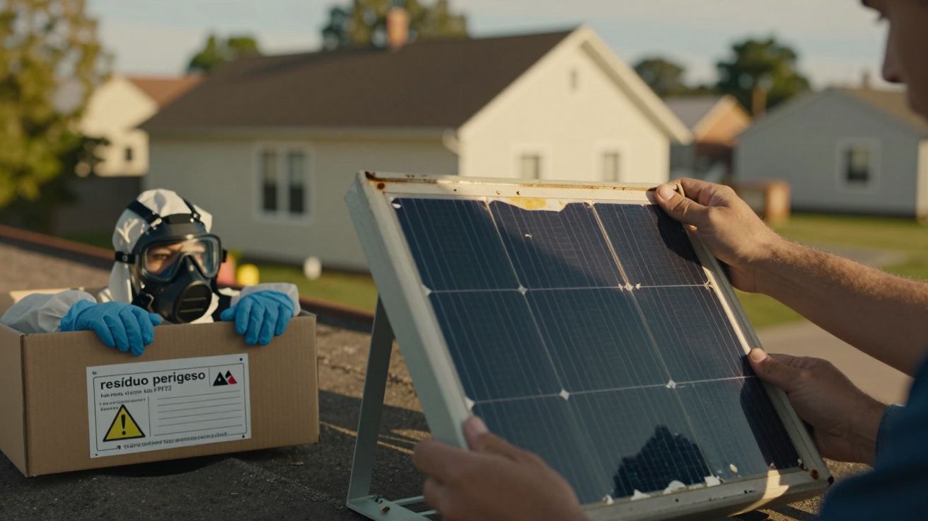 Pessoa numa cobertura observa um painel solar enquanto segura caixa de resíduos perigosos e usa fato de proteção.