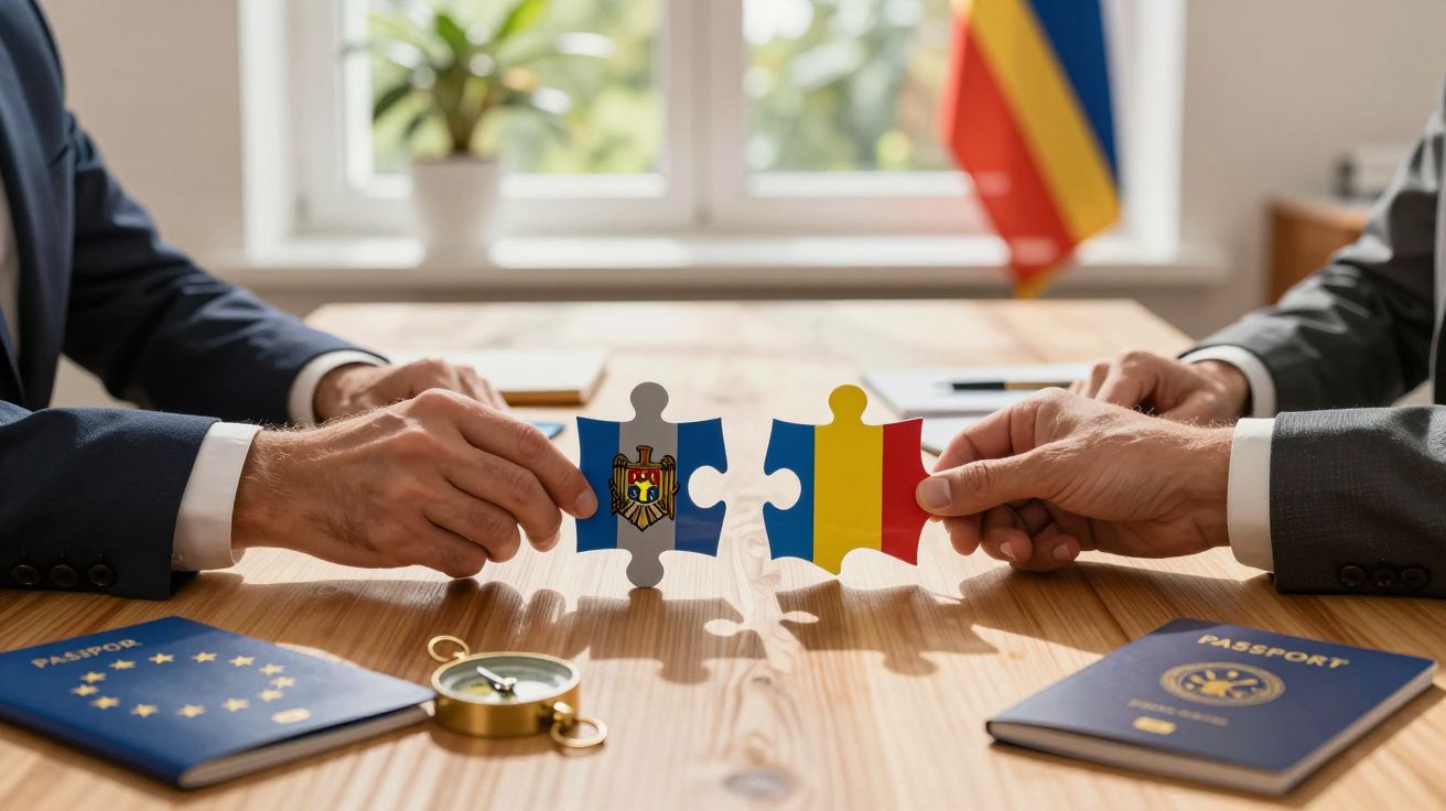 Duas mãos unem peças de puzzle com bandeiras da Moldávia e Roménia sobre uma mesa com passaportes e bússola.