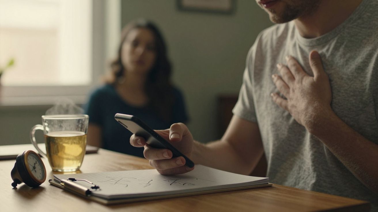 Homem sentado à mesa, segurando telemóvel, com a mão no peito; mulher em segundo plano desfocada.