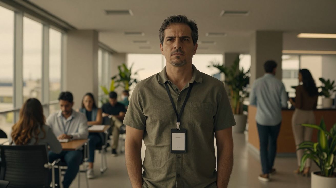 Homem com crachá, sério, em escritório moderno com colegas ao fundo. Ambiente iluminado por janelas amplas e várias plantas.