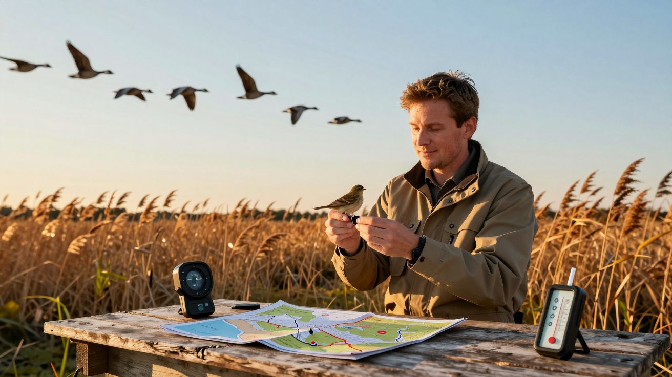 Homem observando pássaro em campo com mapa e aparelhos sobre a mesa, aves voando ao fundo.