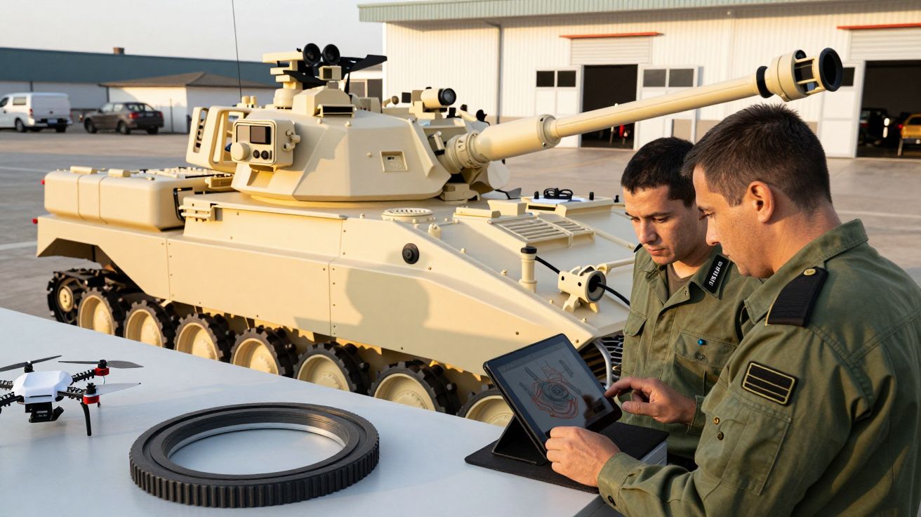 Dois militares analisam um tablet ao lado de um tanque de guerra e um drone numa base militar.