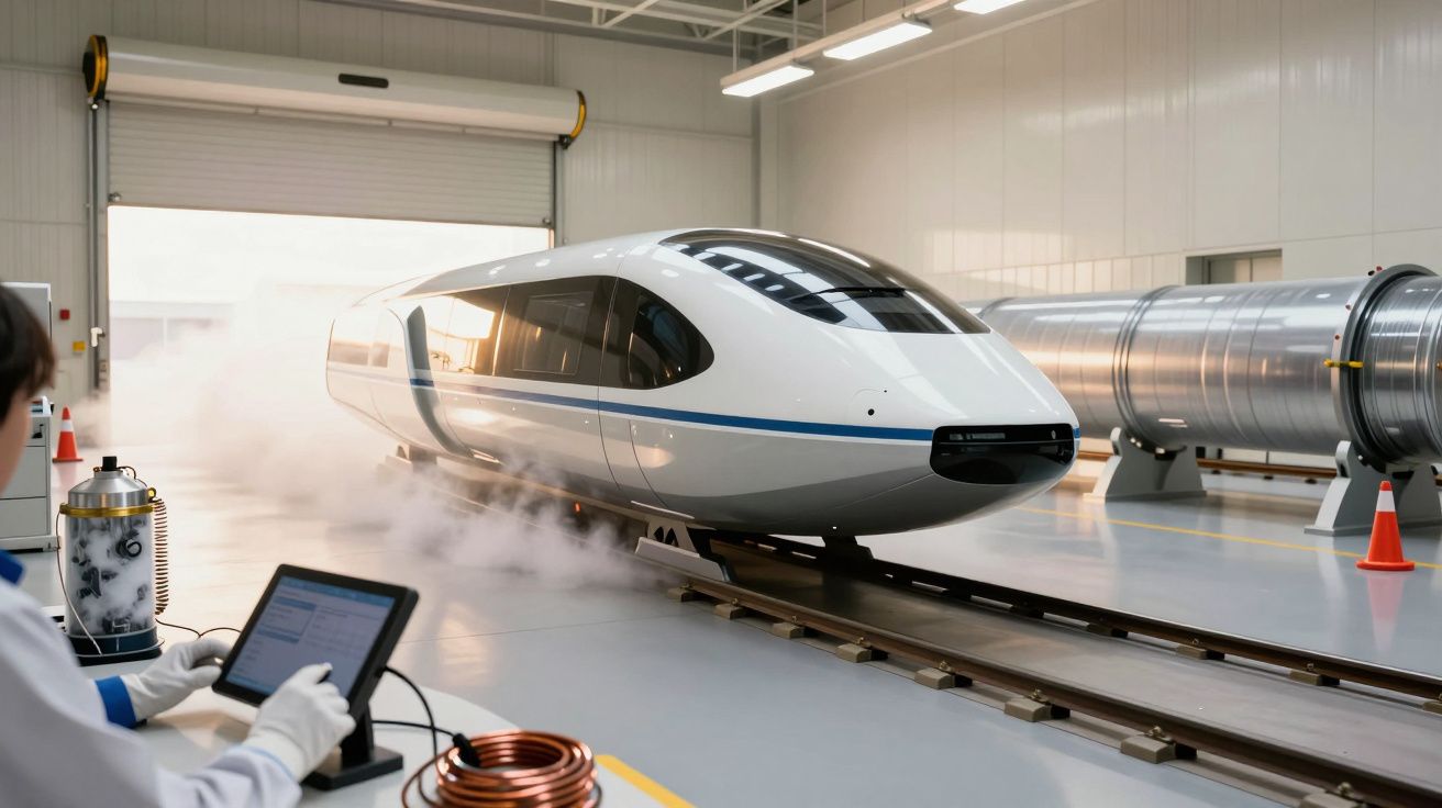 Trem de teste magnético em laboratório, com engenheiro observando dados num portátil.