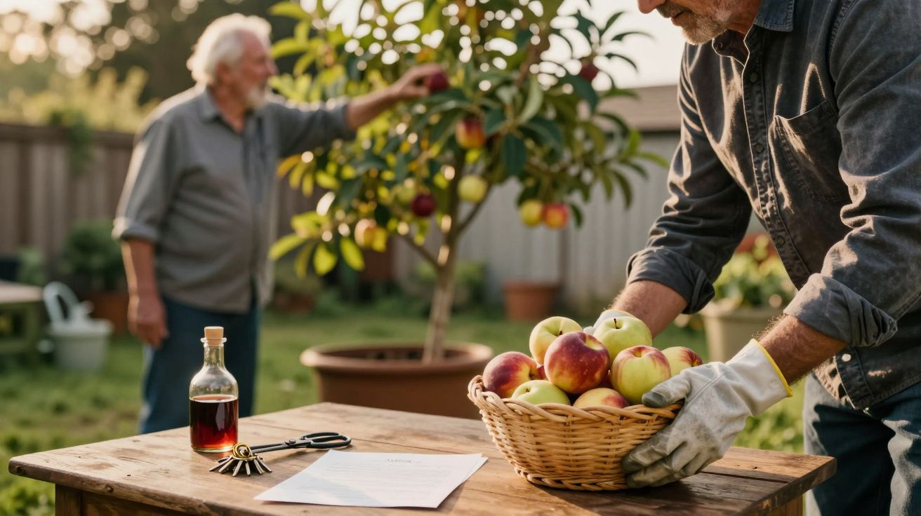 Homem colhe maçãs em pomar; outro guarda maçãs numa cesta, mesa com garrafa e tesoura em primeiro plano.