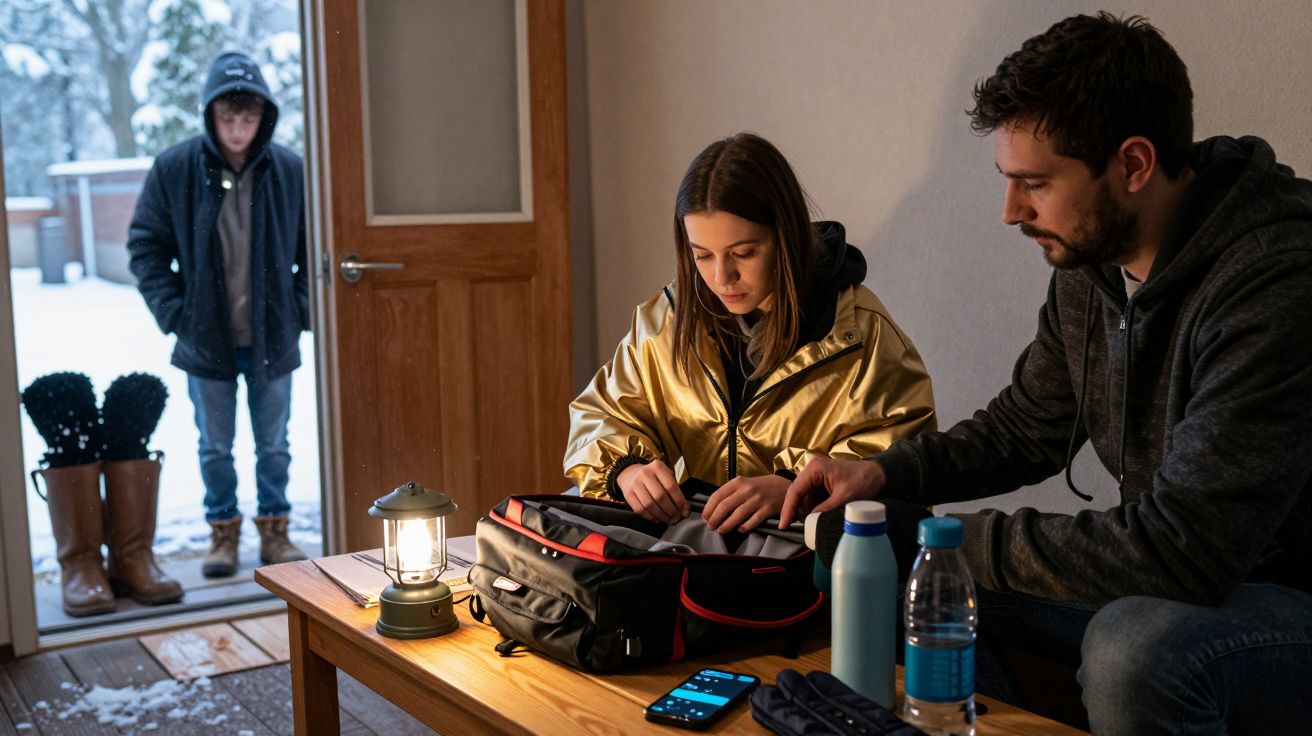 Homem e mulher em casa com lanternas e telemóveis; pessoa ao fundo fora, com neve.