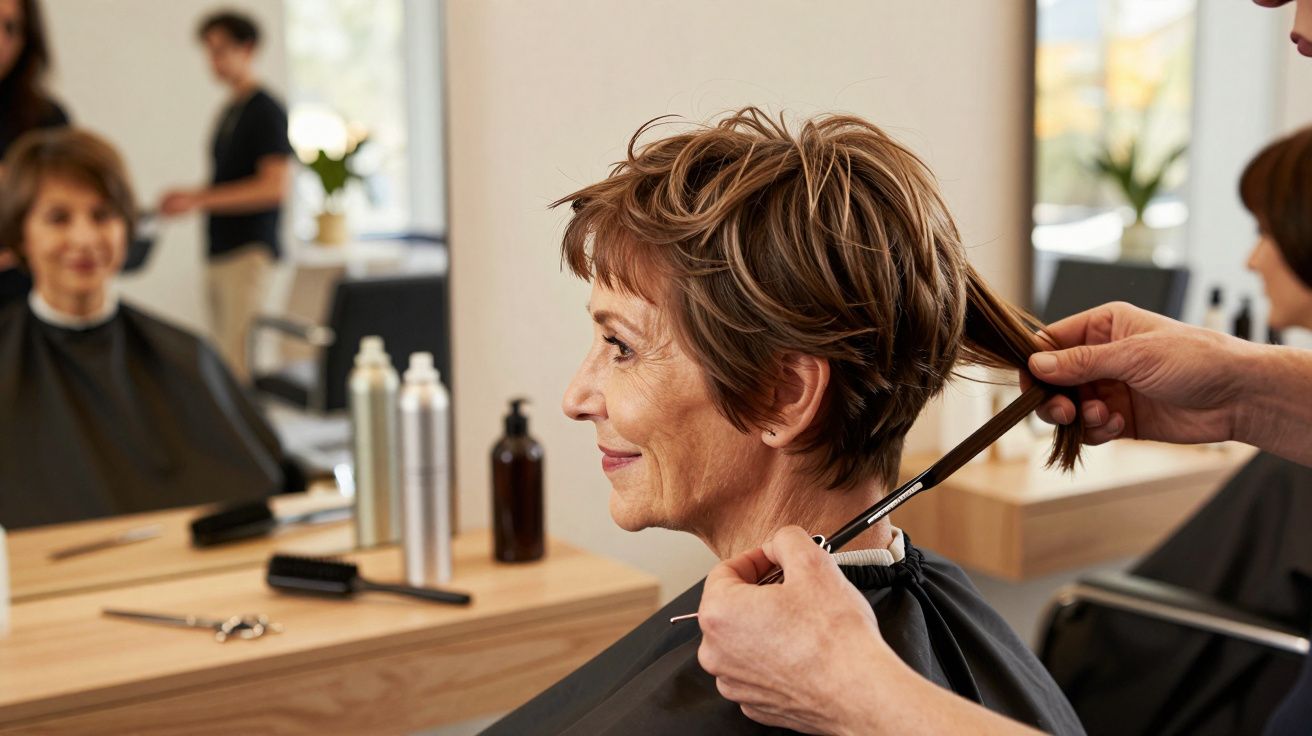 Mulher idosa a sorrir enquanto cabeleireiro corta o seu cabelo curto no salão.