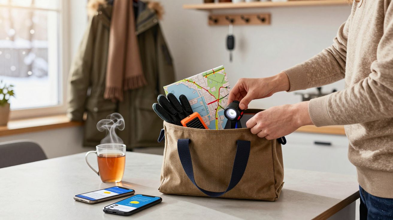 Pessoa a arrumar uma bolsa com mapa, luvas e lanterna numa mesa com chá e telemóveis com capas, casaco pendurado ao fundo.