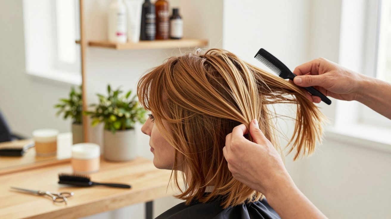 Cabeleireiro penteia o cabelo de uma mulher num salão, com mesa espelhada e produtos de beleza ao fundo.