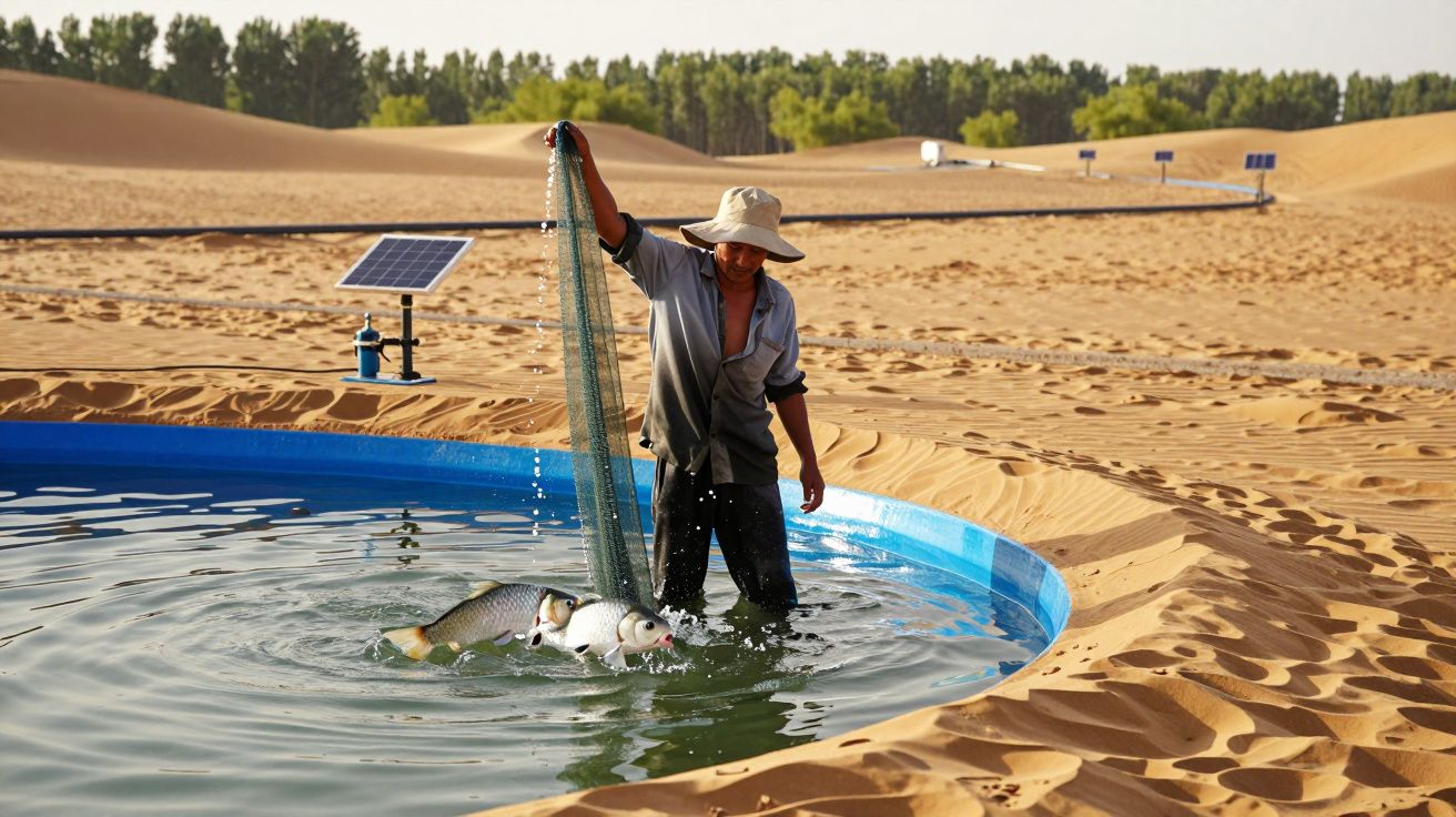 Pessoa pesca em tanque circular no deserto com rede, vários peixes, painéis solares ao fundo, vegetação e areia.