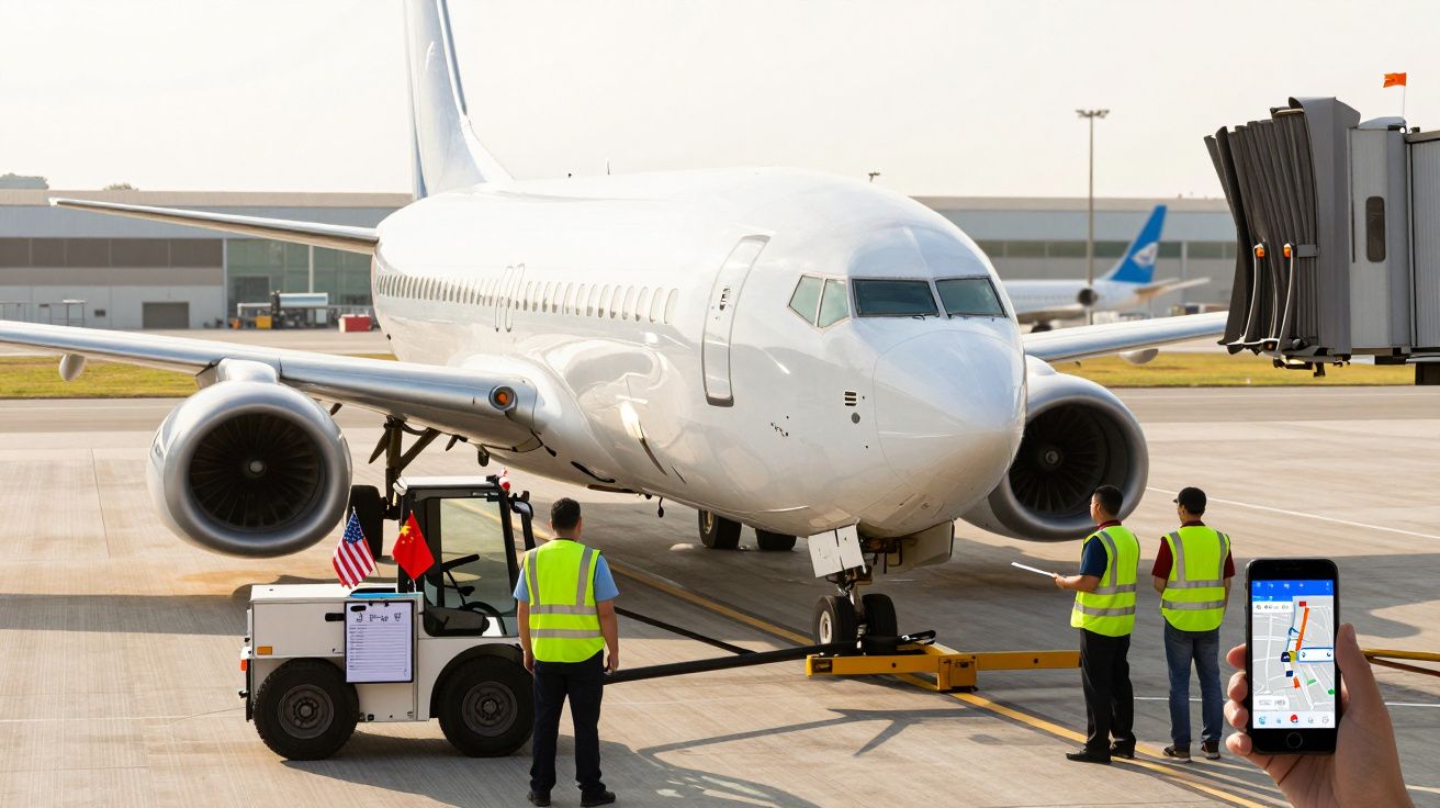 Avião na pista de um aeroporto com trabalhadores em coletes refletivos e um veículo pequeno à frente.