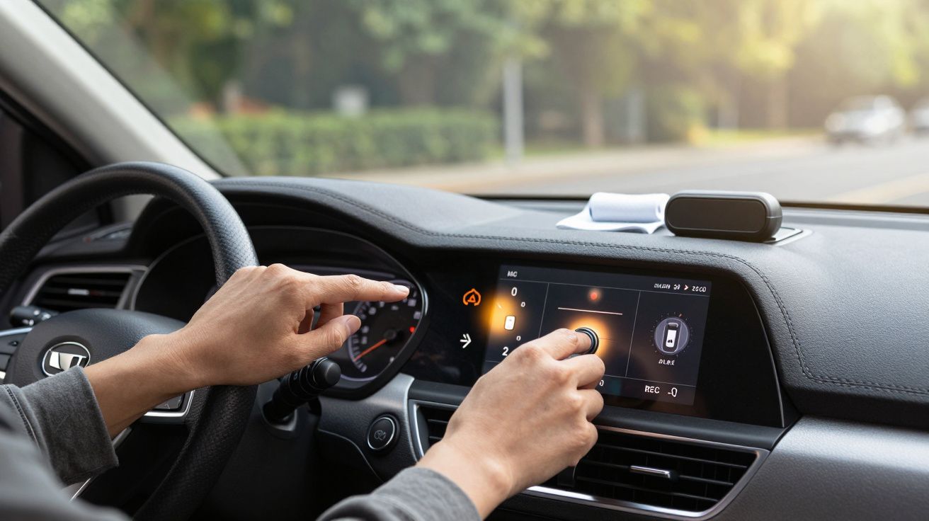 Pessoa a ajustar o painel de controlo do carro enquanto conduz numa estrada ladeada por árvores.