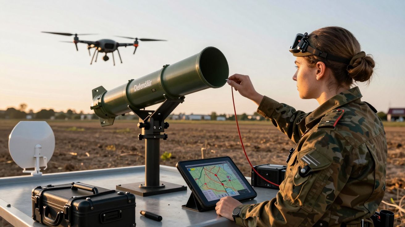 Mulher em uniforme militar opera tablet enquanto drone sobrevoa campo ao pôr do sol.