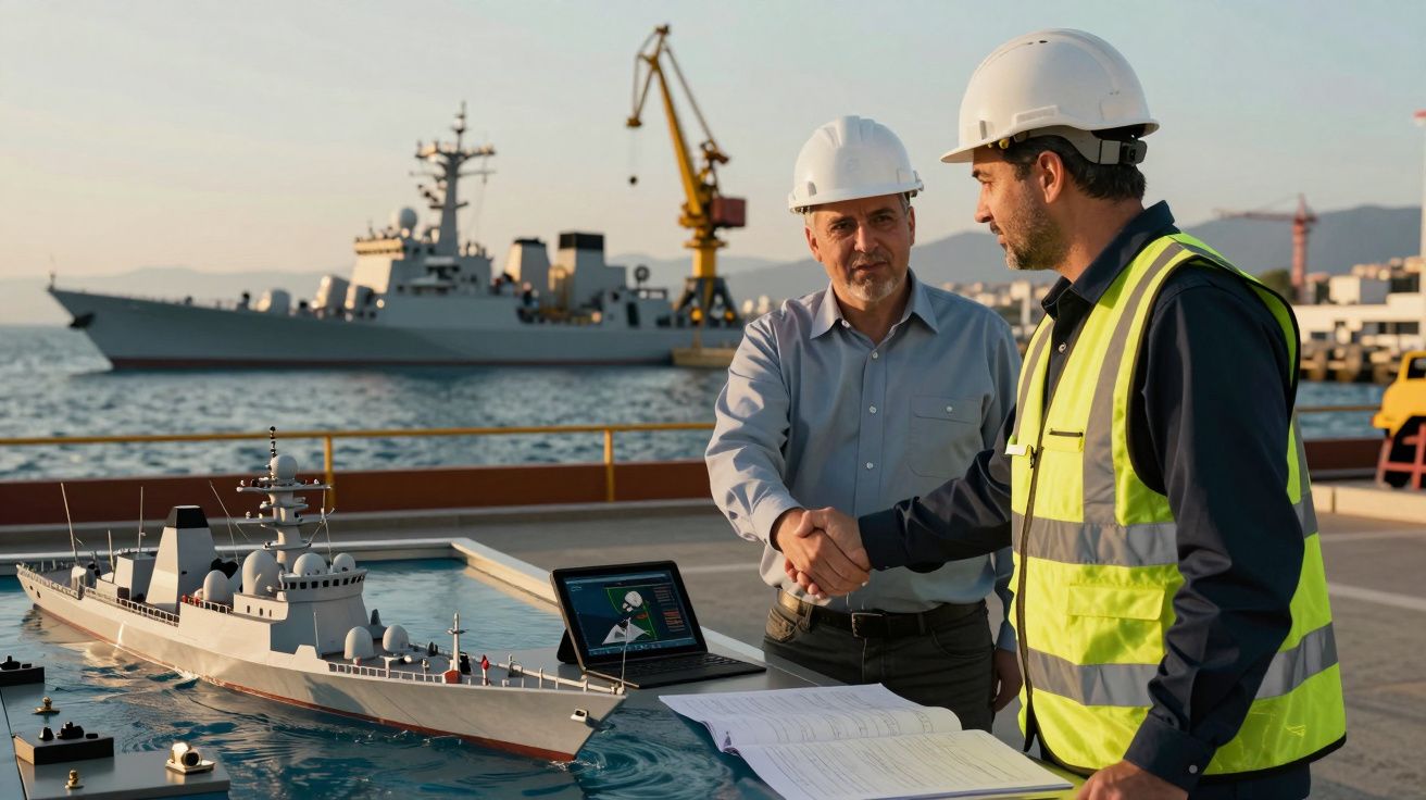 Dois homens de capacete apertam as mãos num estaleiro, com um navio em miniatura e um portátil sobre a mesa.