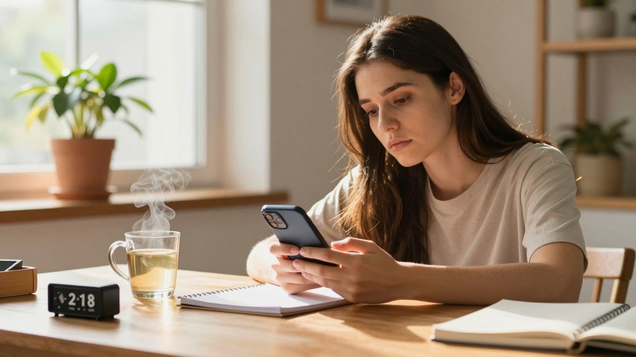 Mulher sentada à mesa vê telemóvel; chá, bloco de notas e relógio ao lado. Plantas e luz natural ao fundo.