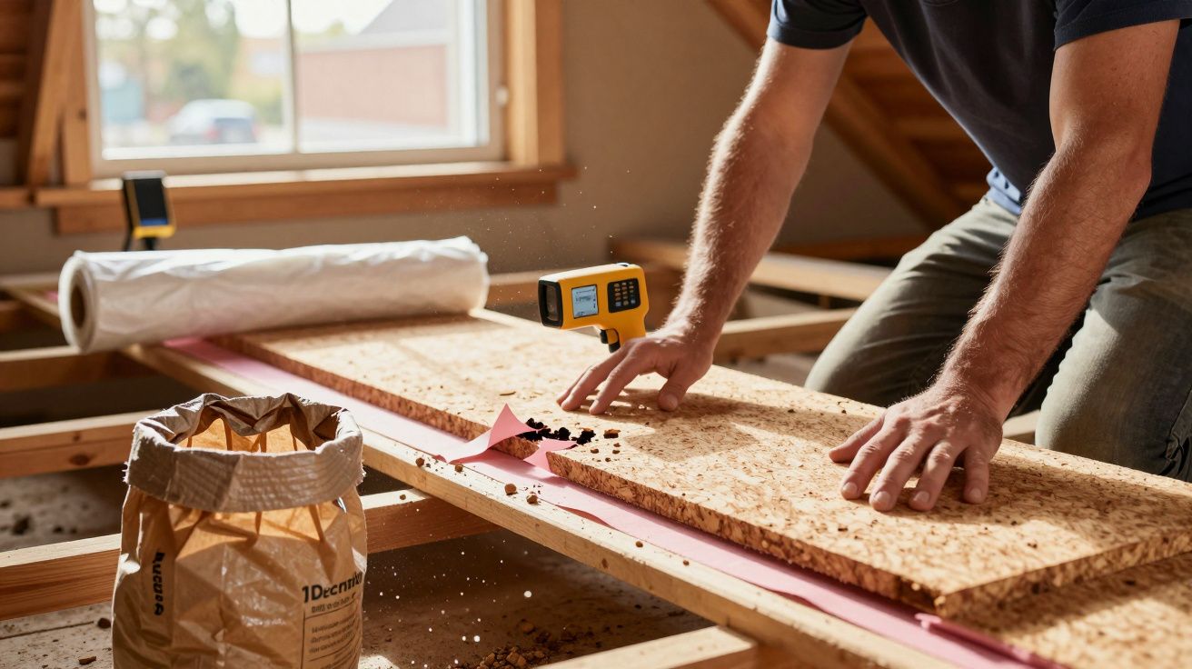 Homem a medir madeira enquanto faz trabalhos de construção numa sala com janela. Sacos de material e ferramentas ao redor.