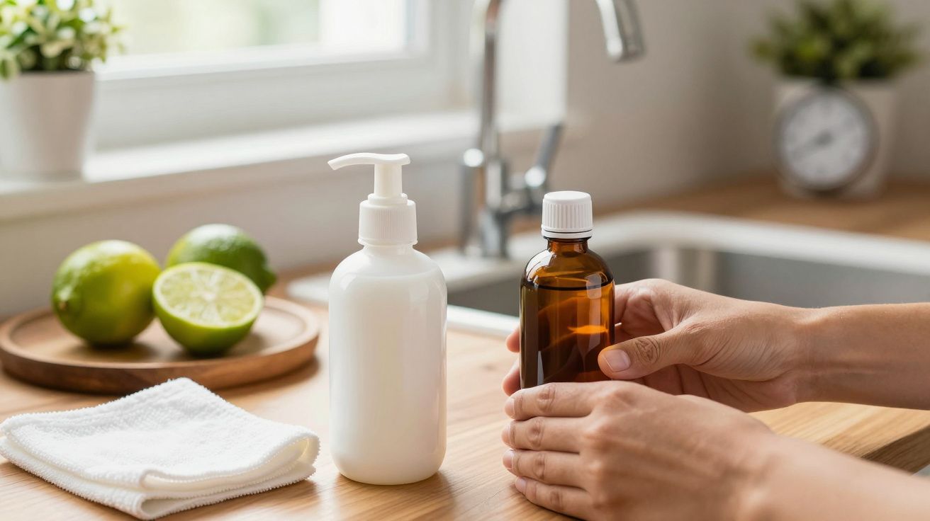 Mãos seguram frasco de vidro castanho; frasco de plástico branco, limão e pano estão em bancada de cozinha.
