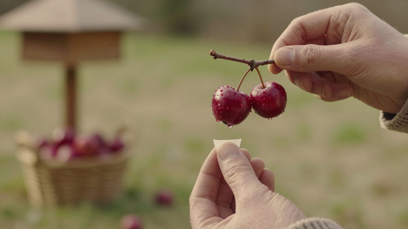 Mãos seguram cerejas frescas com gotículas, cesta desfocada ao fundo num campo ao ar livre.