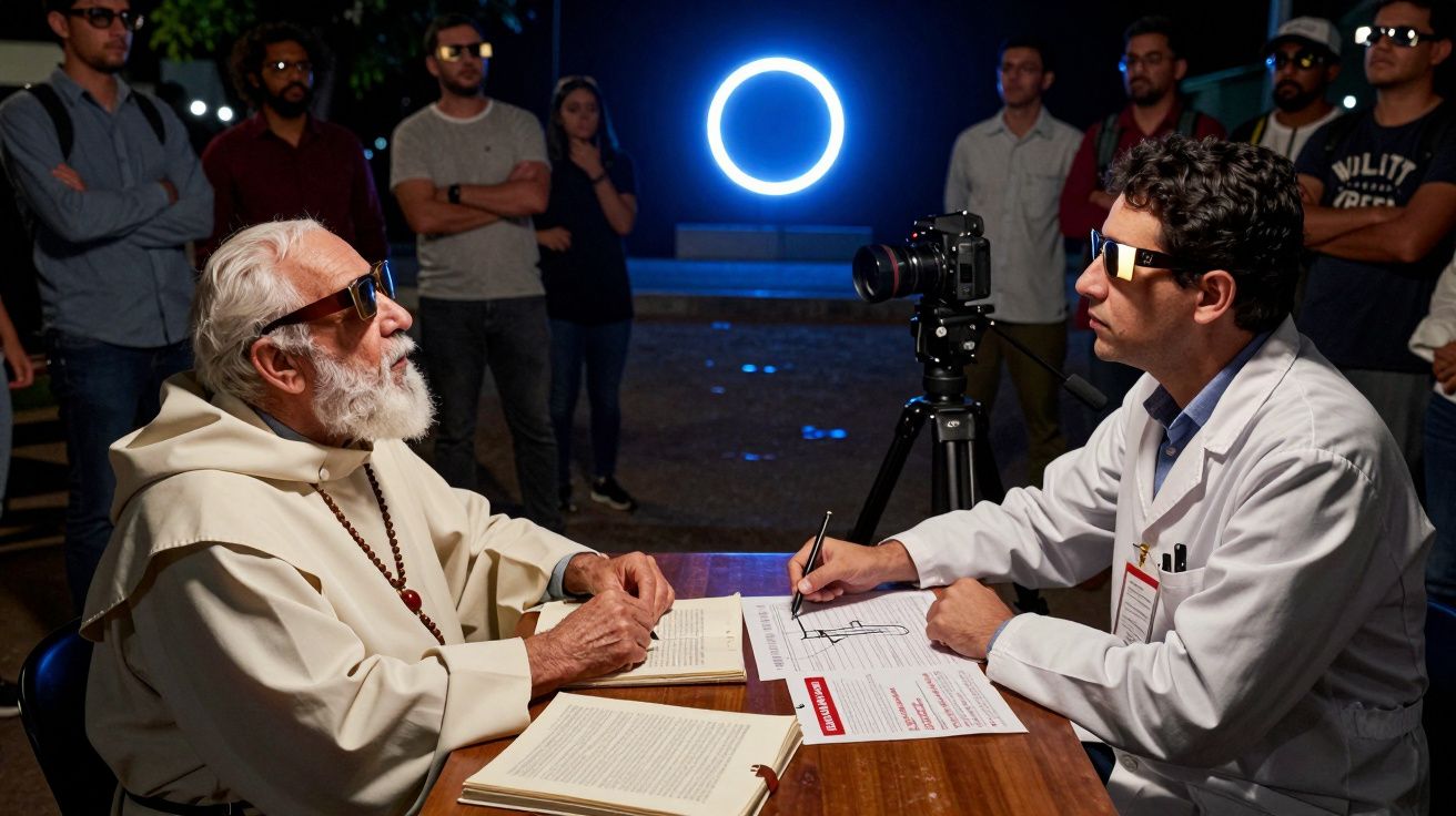 Dois homens conversam numa mesa; um veste traje religioso, outro um jaleco branco. Pessoas ao fundo observam um círculo ilumi