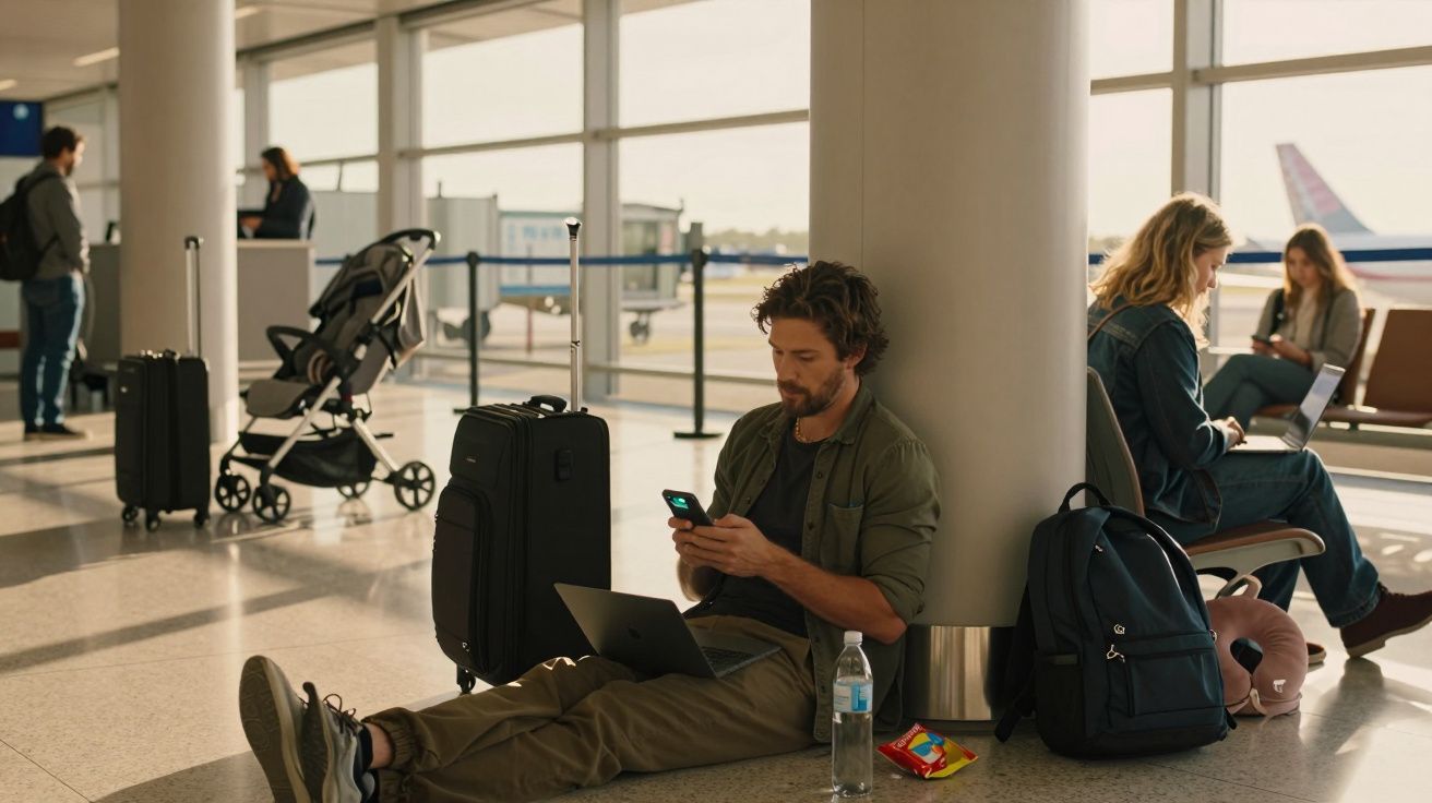 Homem sentado no chão do aeroporto usando o telemóvel, com mala, garrafa de água e portátil ao lado.