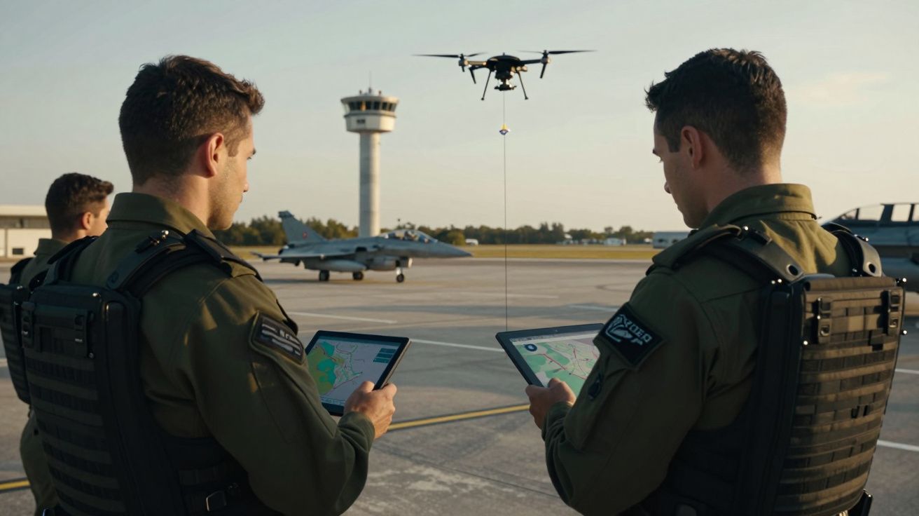 Dois soldados em uniforme operam tablets enquanto um drone voa na pista de um aeroporto militar com uma torre de controlo ao 