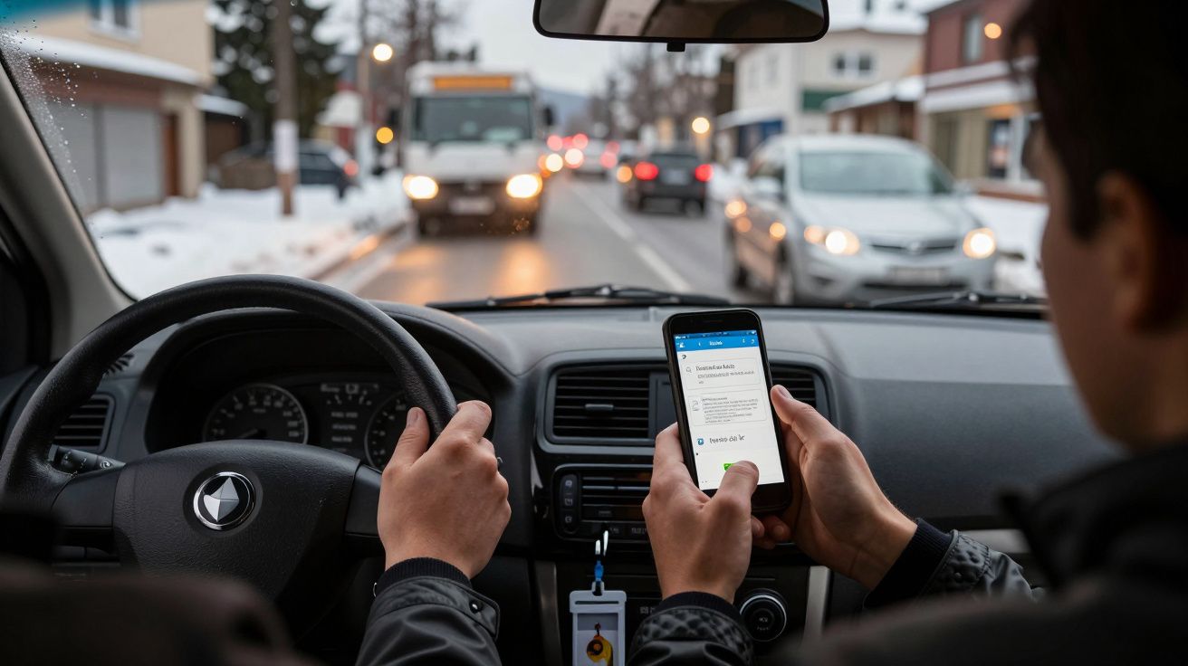 Pessoa a conduzir enquanto usa o telemóvel numa estrada movimentada.