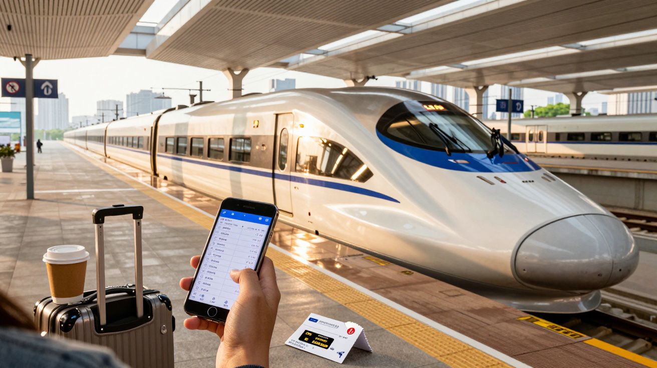 Pessoa na estação com mala, café e telemóvel, olhando para comboio de alta velocidade na plataforma iluminada.