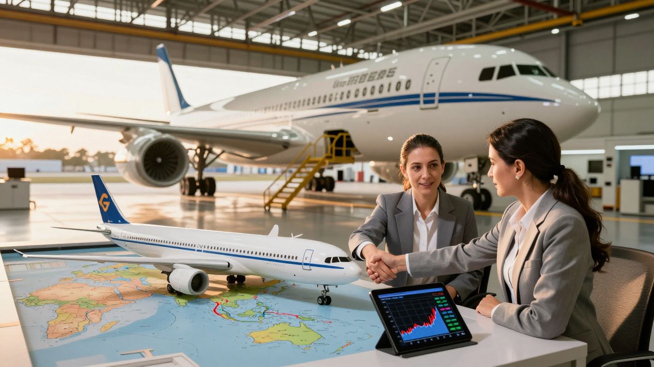 Duas mulheres apertando as mãos em ambiente de hangar, com avião e mapa sobre a mesa, tablet mostrando gráfico.