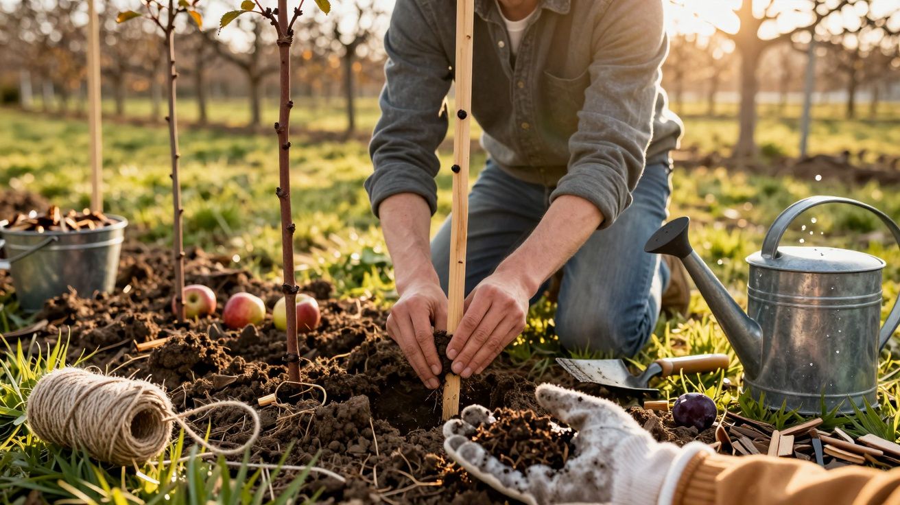 Pessoa a plantar uma árvore jovem num jardim, rodeada por uma regadora, balde, maçãs e ferramentas de jardinagem.