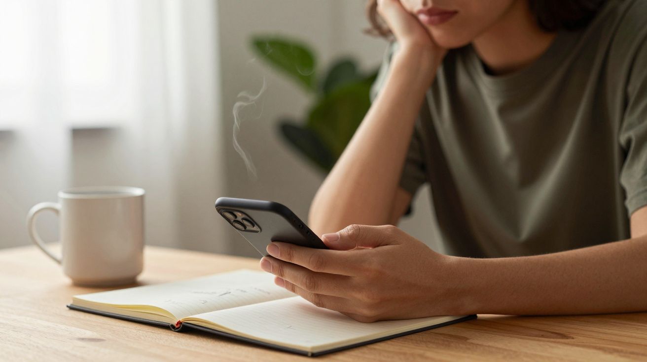 Mulher sentada à mesa, segurando um telemóvel, com agenda aberta e chávena ao lado.