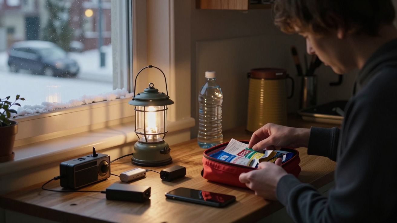 Homem preparando kit de emergência numa mesa, com uma lanterna acesa e equipamentos eletrónicos ao lado.