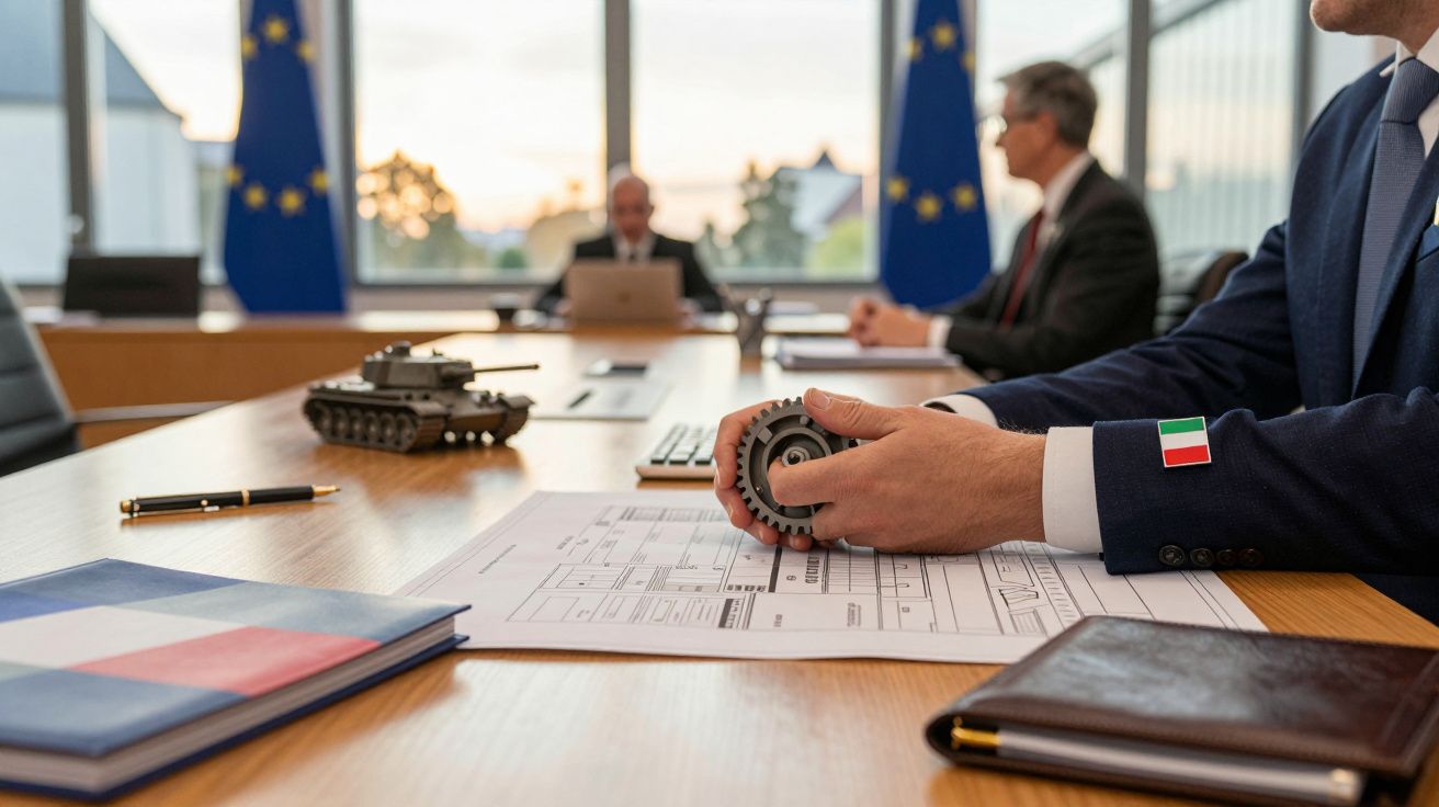 Homens de negócios numa reunião com bandeiras da UE; documentos e maquete de tanque na mesa.