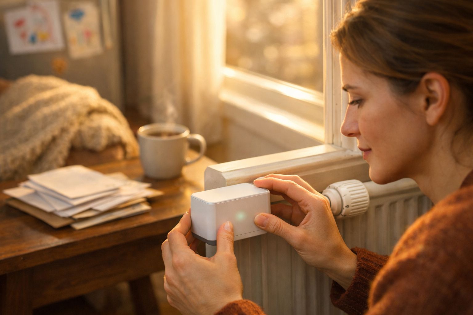 Mão ajustando dispositivo num ambiente acolhedor, com chá fumegante e fruta. Criança brinca ao fundo num quarto.