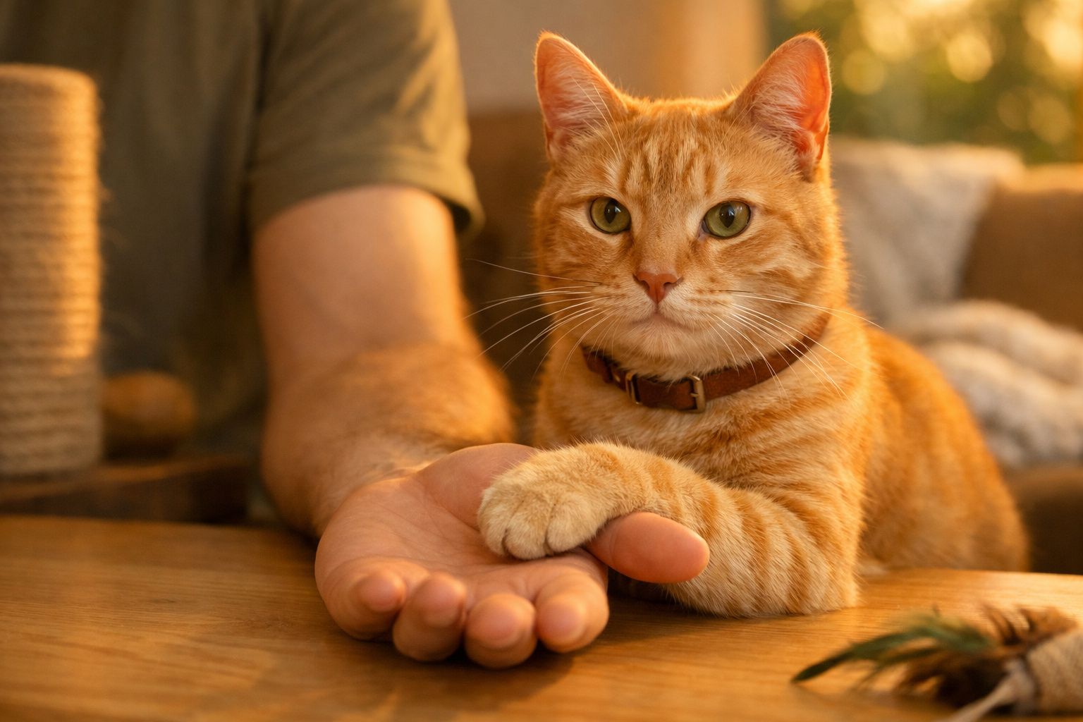 Gato tigrado toca mão humana numa manta, ao lado de tigela de comida e brinquedo de penas.