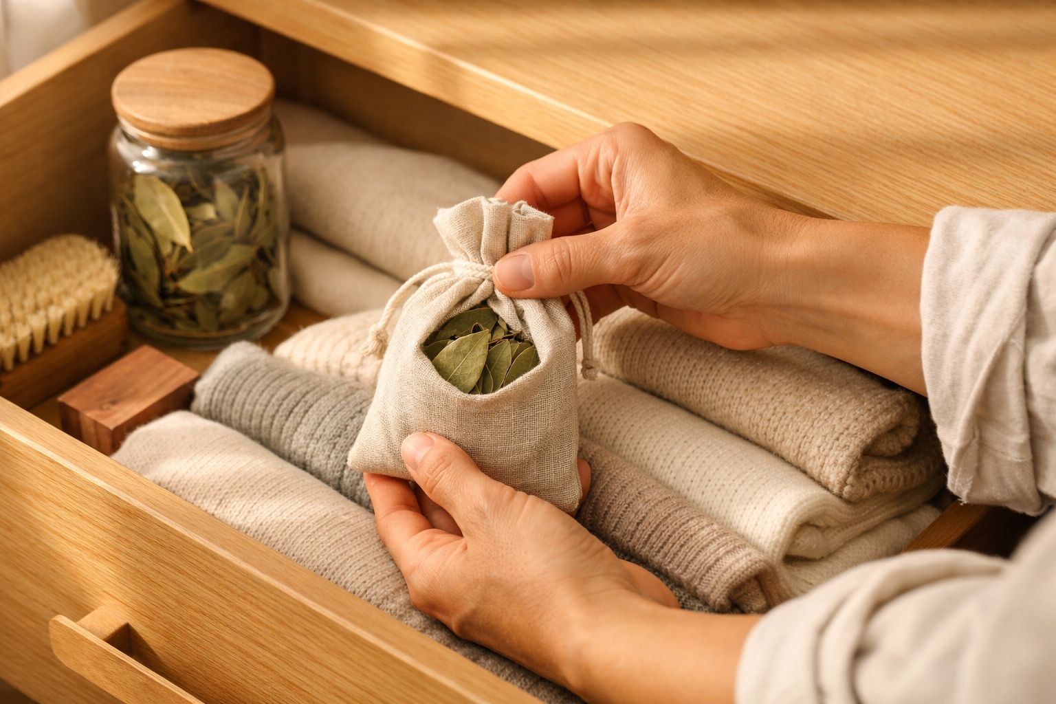 Mãos seguram saco de pano com folhas de louro, ao lado de frasco, escova e tecidos dobrados em gaveta de madeira clara.