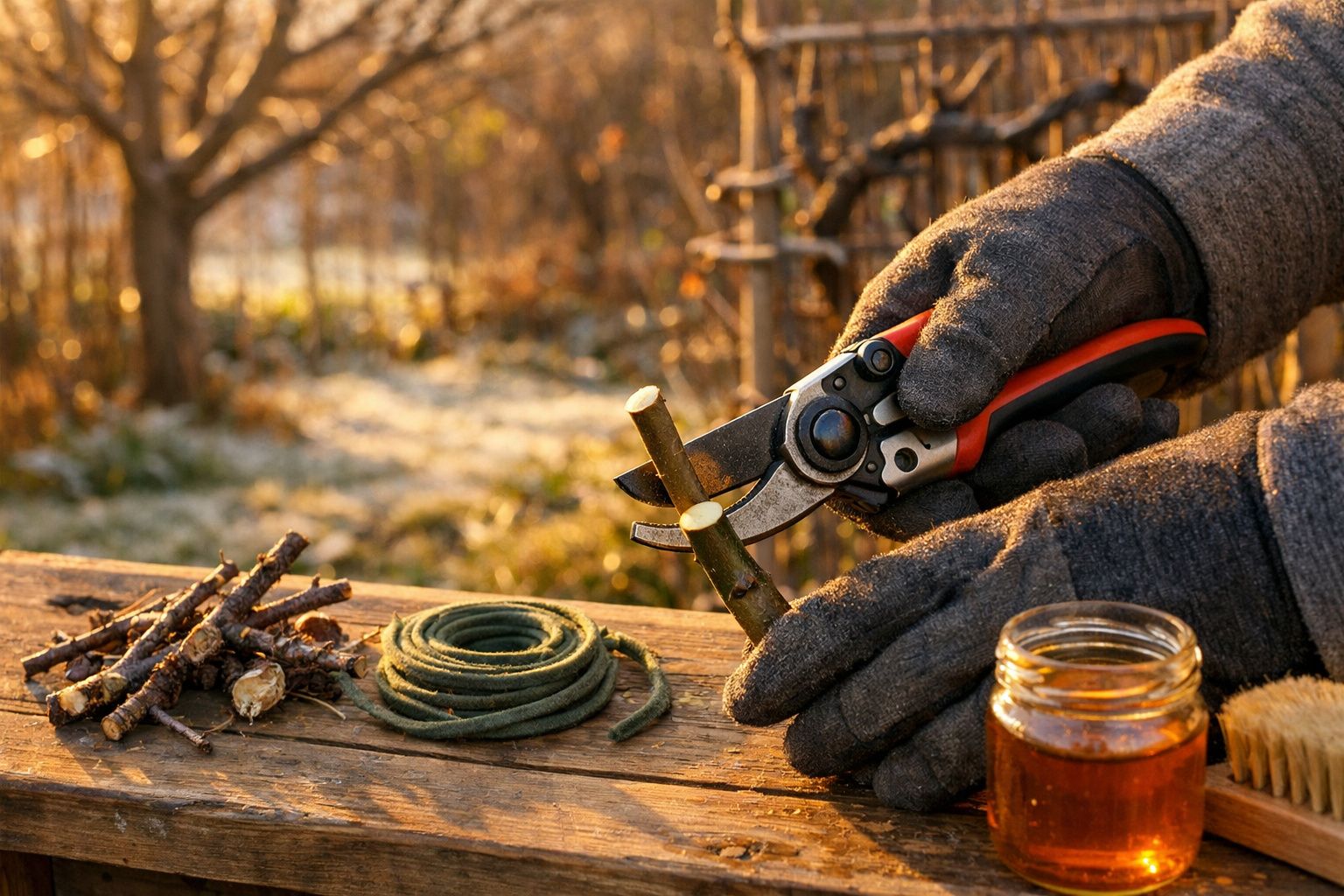 Mãos com luvas a podar galhos com tesoura, serrote, fio verde e cesto em cena outonal.